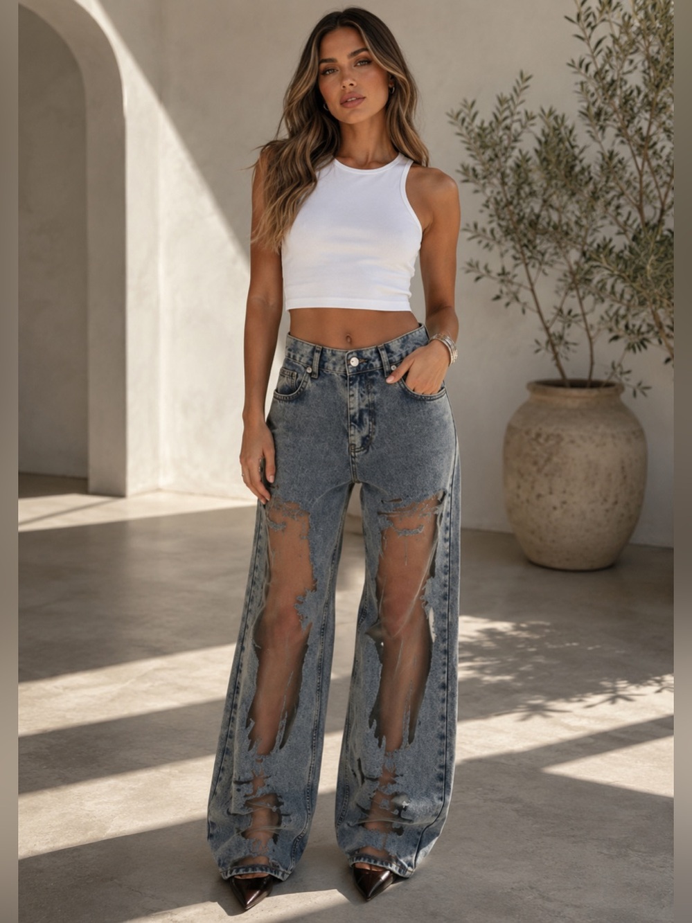 M13. Distressed Sheer Panel Wide-Leg Jeans | High-Rise Statement Denim